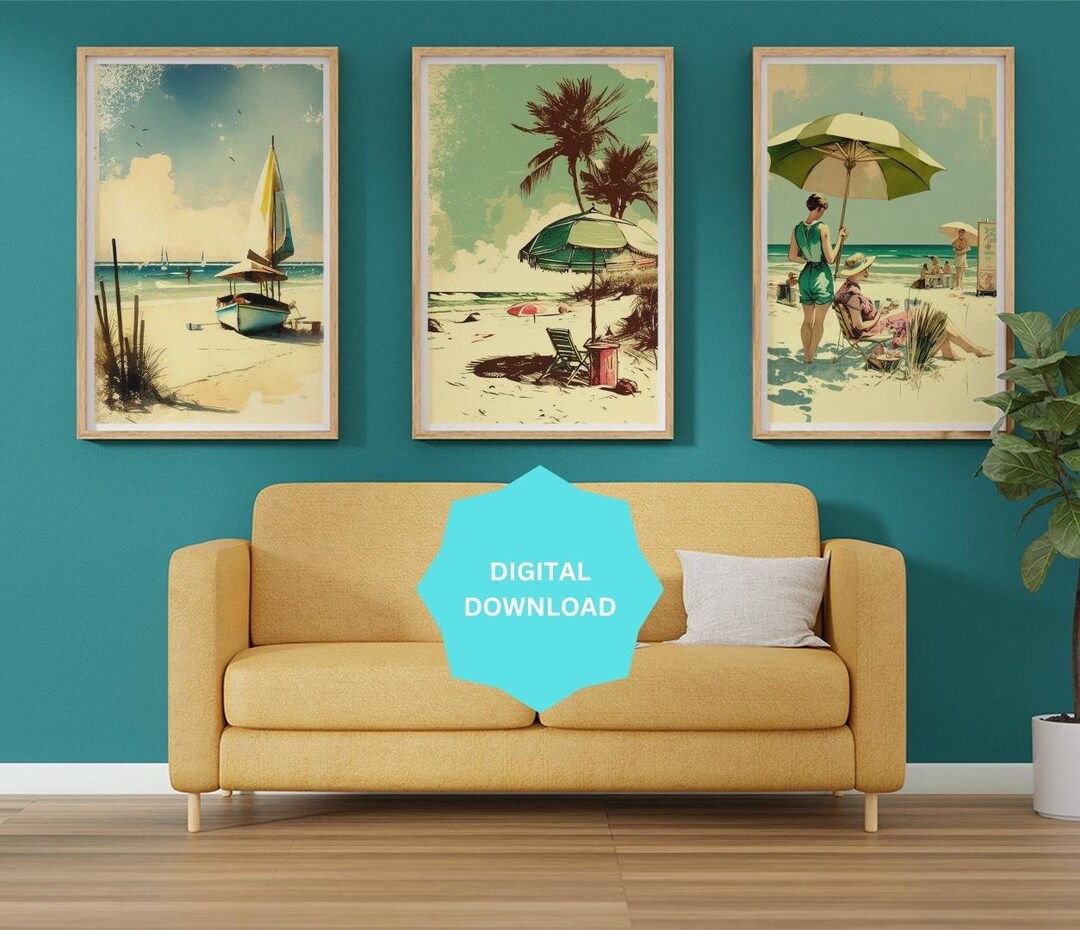 Vintage Beach Scene Wall Art Printable Coastal Art Print Etsy