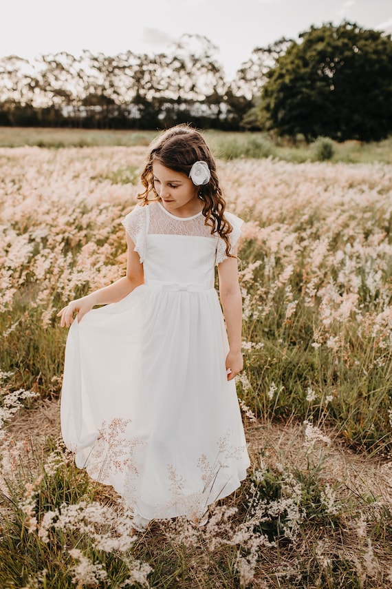 long White chiffon girls dress prefect for christenings weddings flower girl or holy communion