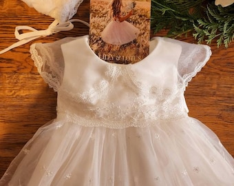 White lace baptism  dress or christening dress, sailor collar and matching bonnet headpiece. Perfect for wedding , special occasion, party