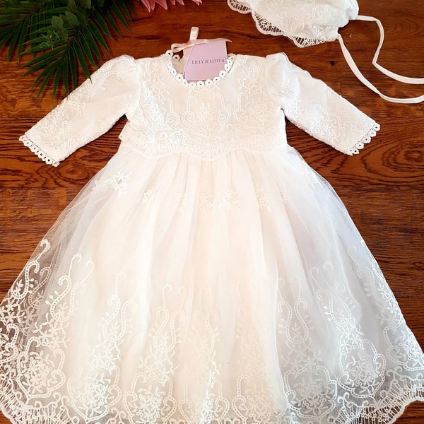 Baby newborn baptism dress , christening gown, white lace boho flower girl dress, girls vintage French style lace church dress, ornate lace