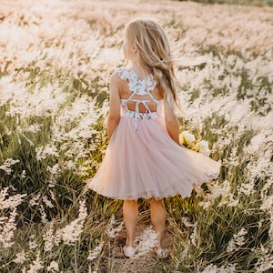 Puede incluir: Una ni&ntilde;a peque&ntilde;a con un vestido de tul rosa con un corpi&ntilde;o de estampado floral se encuentra de pie en un campo de hierba alta. Su cabello es largo y rubio, y lleva un ramo de flores.