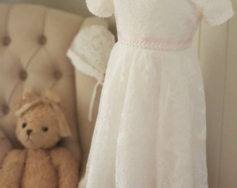 Baby girl long  christening dress/ lace baptism dress  white lace long dress,  flower girl dress , includes lace matching  bonnet