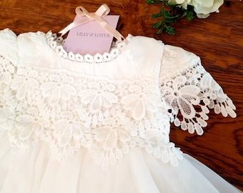 Baby girls white lace  baptism dress, christening gown, or flower girl dress . Vintage style boho lace with cap sleeve .Church,1st Birthday