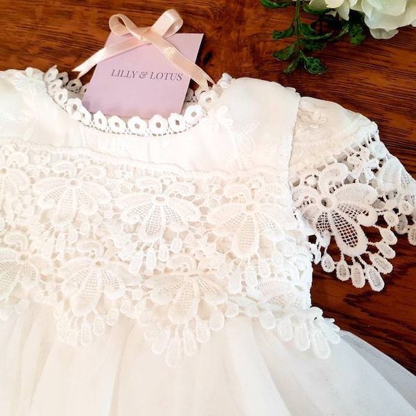 Baby girls white lace  baptism dress, christening gown, or flower girl dress . Vintage style boho lace with cap sleeve .Church,1st Birthday