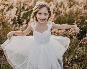 white lace tutu flower girl dress, holy communion, wedding, photoshoot , or birthday party dress