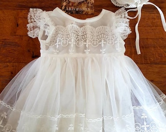 White lace Baptism dress, christening dress, vintage style lace with matching lace  bonnet.  Perfect for spring or summer. Flowergirl dress.