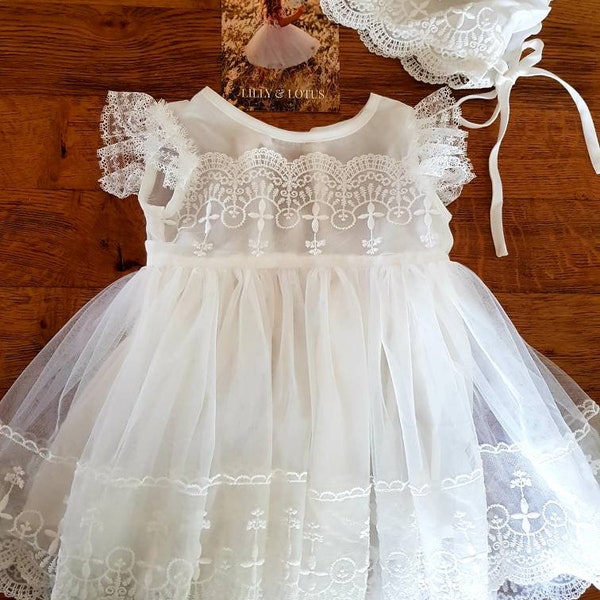 White lace Baptism dress, christening dress, vintage style lace with matching lace  bonnet.  Perfect for spring or summer. Flowergirl dress.