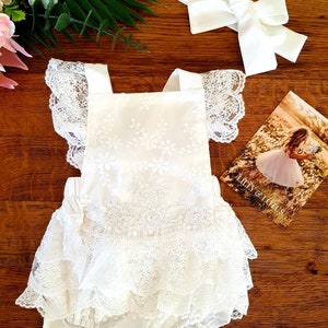 Mono de verano de encaje blanco para niña, mono, para boda, bautismo, bautizo, perfecto para sesión de fotos o primera fiesta de cumpleaños.