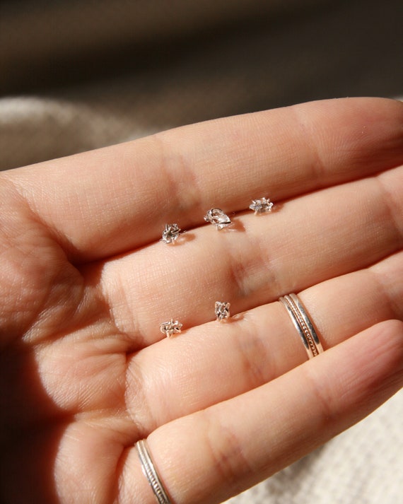 Medium size Herkimer diamond hoop earrings minimalist eco friendly silver and raw stone jewelry
