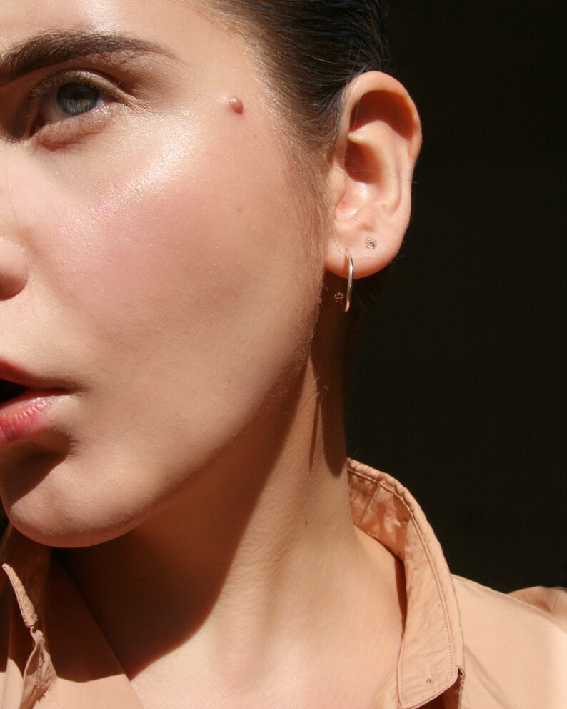Medium size Herkimer diamond hoop earrings minimalist eco friendly silver and raw stone jewelry