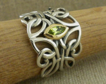 Sterling Silver & 10K Celtic Guardian Angel Ring Bezel set Peridot 925 Artisan Religious Jewelry Angel Wings August Birthstone Ring Gift Box