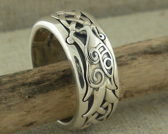 Sterling Silver Dragon & Celtic Knot Ring with Oxidized Background by Keith Jack Celtic Dragon Viking Ring Norse Forge Black CZ Gift Boxed