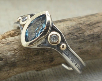 Sterling Silver and 10K Marquise Swiss Blue Topaz & CZ Rocks 'N Rivers Ring By Keith Jack Jewelry Gift Boxed