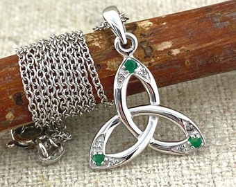 Sterling Silver .925 Irish Celtic Trinity Knot Pendant Real Emeralds & Diamonds 18" Chain Made in Ireland by Shanore Celtic Knot Gift Boxed