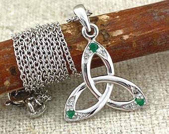 Sterling Silver .925 Irish Celtic Trinity Knot Pendant Real Emeralds & Diamonds 18&quot; Chain Made in Ireland by Shanore Celtic Knot Gift Boxed