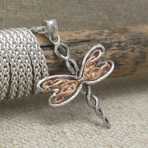 Petite Dainty Sterling Silver & 10K Rose Gold Celtic Dragonfly Pendant Chained 925 Dragonfly Necklace Treebark Accents gift boxed Keith Jack