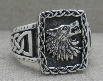 Sterling Silver Celtic Wolf Signet Ring with Celtic Knot Details PETRICHOR by Keith Jack, Celitc on the Inside Boxed with Cleaning Cloth