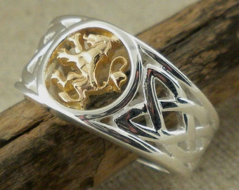 Sterlingzilveren ring Schotse leeuw, 10K gouden Keltische knoop, Keith Jack