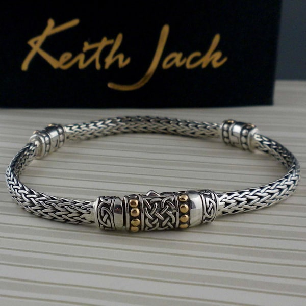 Keith Jack Celtic Dragon Weave Bracelet Sterling Silver with 18K Gold Accents Celtic Bracelet & Celtic Knot Closure and Celtic Hinges Boxed