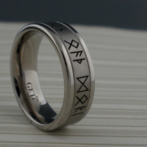 Custom Viking Rune Wedding Ring Band in Titanium Personalized Rune Wedding Bands Anglo Saxon or Elder Futhark Runes Comfort Fit Gift Pouched