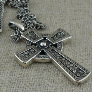 Men's Sterling Silver .925 Heavy Irish Celtic Cross made in Ireland by Solvar 20" Chain with Gift Boxed Irish Made Celtic Weave on Front