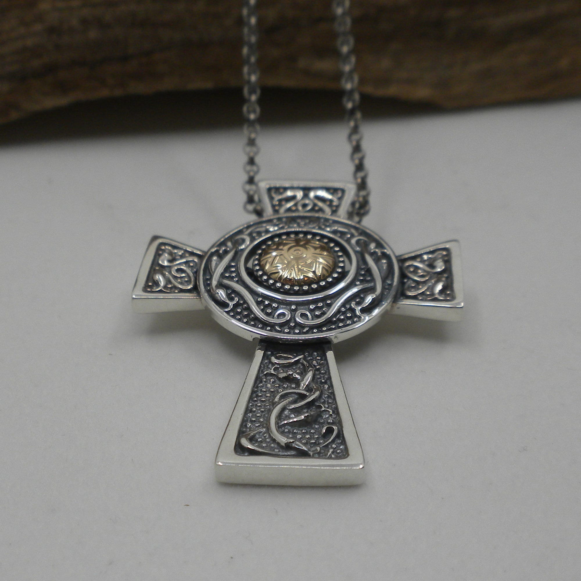 Large Sterling Silver and 18K Bead Wood Quay Celtic Cross Pendant With ...