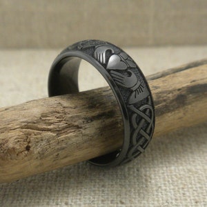 Domed Black Zirconium Celtic Claddagh Wedding Ring 7mm Wide Celtic Knot & Claddagh Wedding Band GETi Wedding Ring Comfort Fit Gift Pouched
