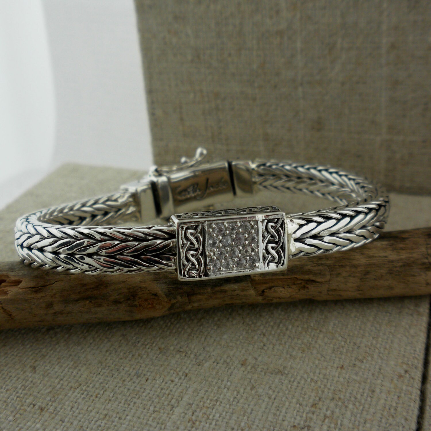 Sterling Silver Dragon Weave Bracelet With White Sapphires