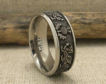 Titanium Wedding Band: Celtic Welsh Dragon & Scottish Thistle Ring