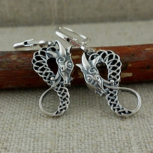 Sterling Silver Viking Celtic Dragon Earrings by Keith Jack Double Sided Lightly Oxidized Norse Forge Collection Gift Boxed Silver Cloth