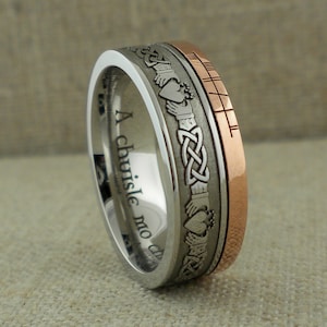 Celtic Claddagh Wedding Ring with Customized Ogham Rail in Cobalt Chrome with 2.5 mm Rose Gold Inlay Personalized Wedding Band Comfort Fit