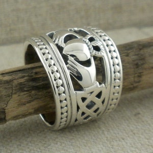 Sterling Silver .925 Claddagh & Celtic Knot Ring extra wide with Beaded Edges by Keith Jack jewelry Gift Boxed with Silver Cloth Signed