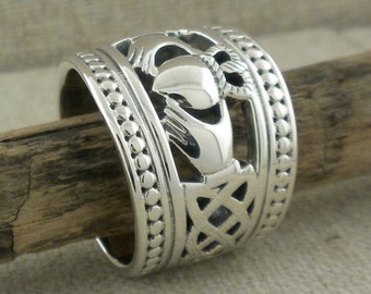 Sterling Silver .925 Claddagh & Celtic Knot Ring extra wide with Beaded Edges by Keith Jack jewelry Gift Boxed with Silver Cloth Signed