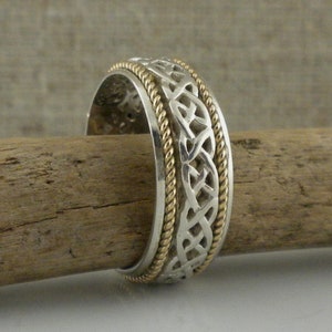 Celtic Wedding Ring Sterling Silver & 10K Celtic Love Knot Wedding Ring with Rope Accents Ladies and Men&#39;s Celtic Wedding Ring Gift Boxed