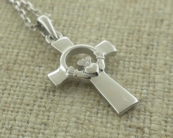 Tiny Sterling Silver Irish Claddagh Celtic Cross made in Ireland by Solvar 18&quot;  Chained Irish Made Nicely Packaged Very Small Dainty Cross
