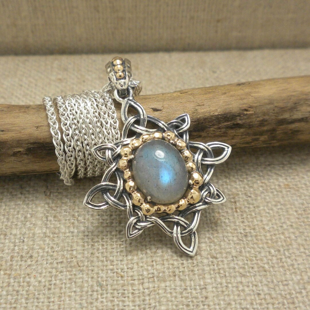 Sterling Silver Blue Labradorite Celtic Necklace Pendant - 1.5 Inch, Handmade