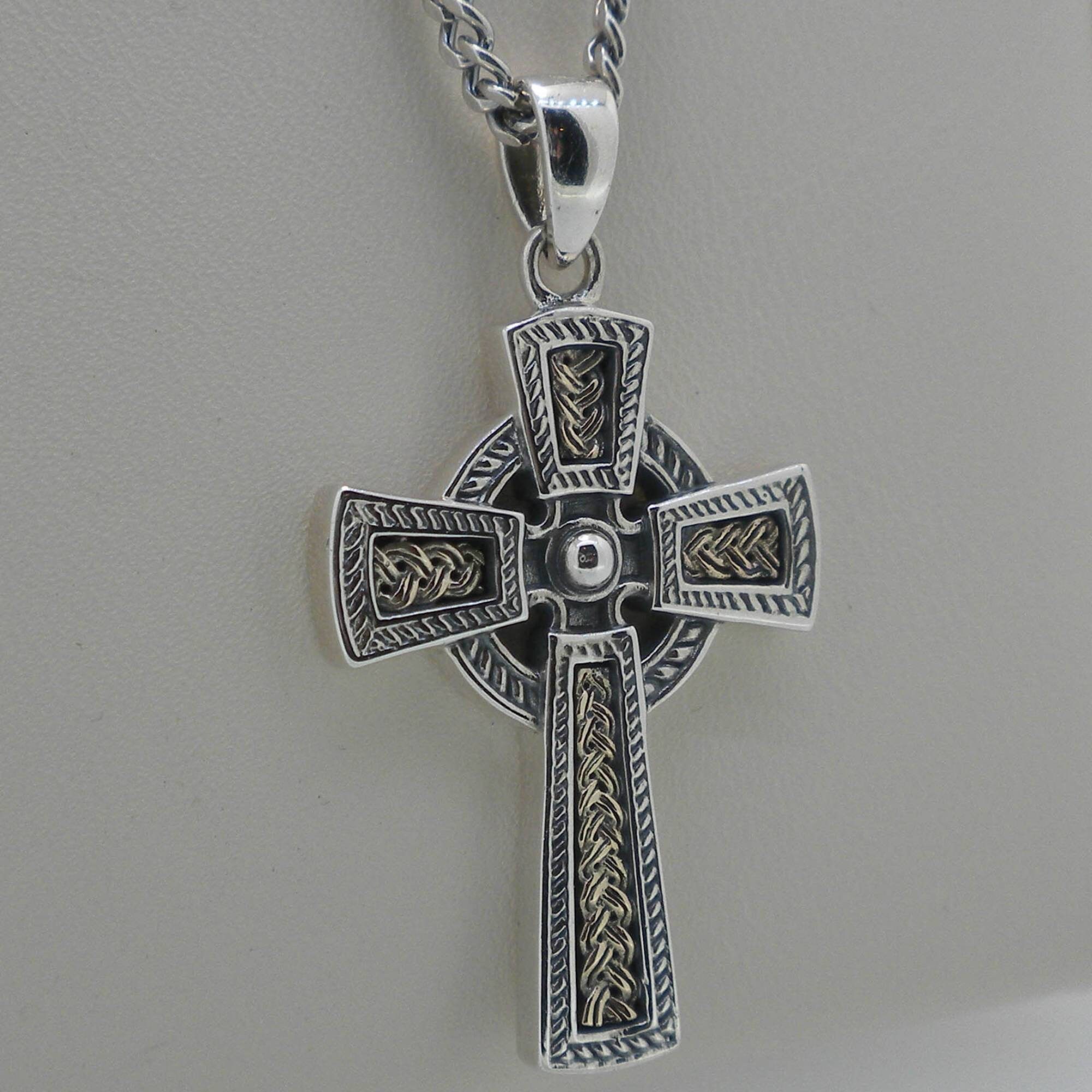 Men's Sterling Silver Celtic Cross Necklace, 10K Irish Weave, 20" Chain ...