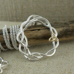 Sterling Silver .925 Celtic Cradle of Life with 10K Yellow Trinity Knot on a 18&quot; Sterling Silver Spiga Chain gift boxed Keith Jack Jewelry