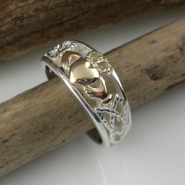 Sterling Silver and 10K Yellow Gold Claddagh Ring with Trinity Knot Rope Accent Sides by Keith Jack Jewelry Gift Boxed with Cleaning Cloth
