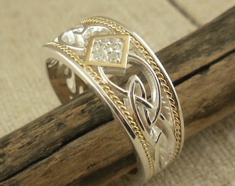 Sterling Silver & 10K Gold Celtic Window to the Soul Ring with Diamonds .925 Artisan By Keith Jack Jewelry Gift Boxed with Silver Cloth