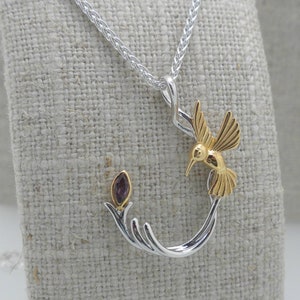 Sterling Silver & 10K Single Hummingbird Pendant with Rhodolite .925 Hummingbird Pendant with Gem 18&quot; Spiga Chain by Keith Jack Gift Boxed