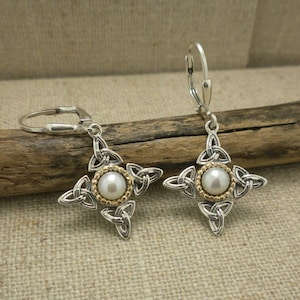 Sterling Silver & 10K Trinity Knot Cross Earrings with Fresh Water Pearls Aphrodite Lever Back Closure Keith Jack Jewelry Signed Gift Boxed