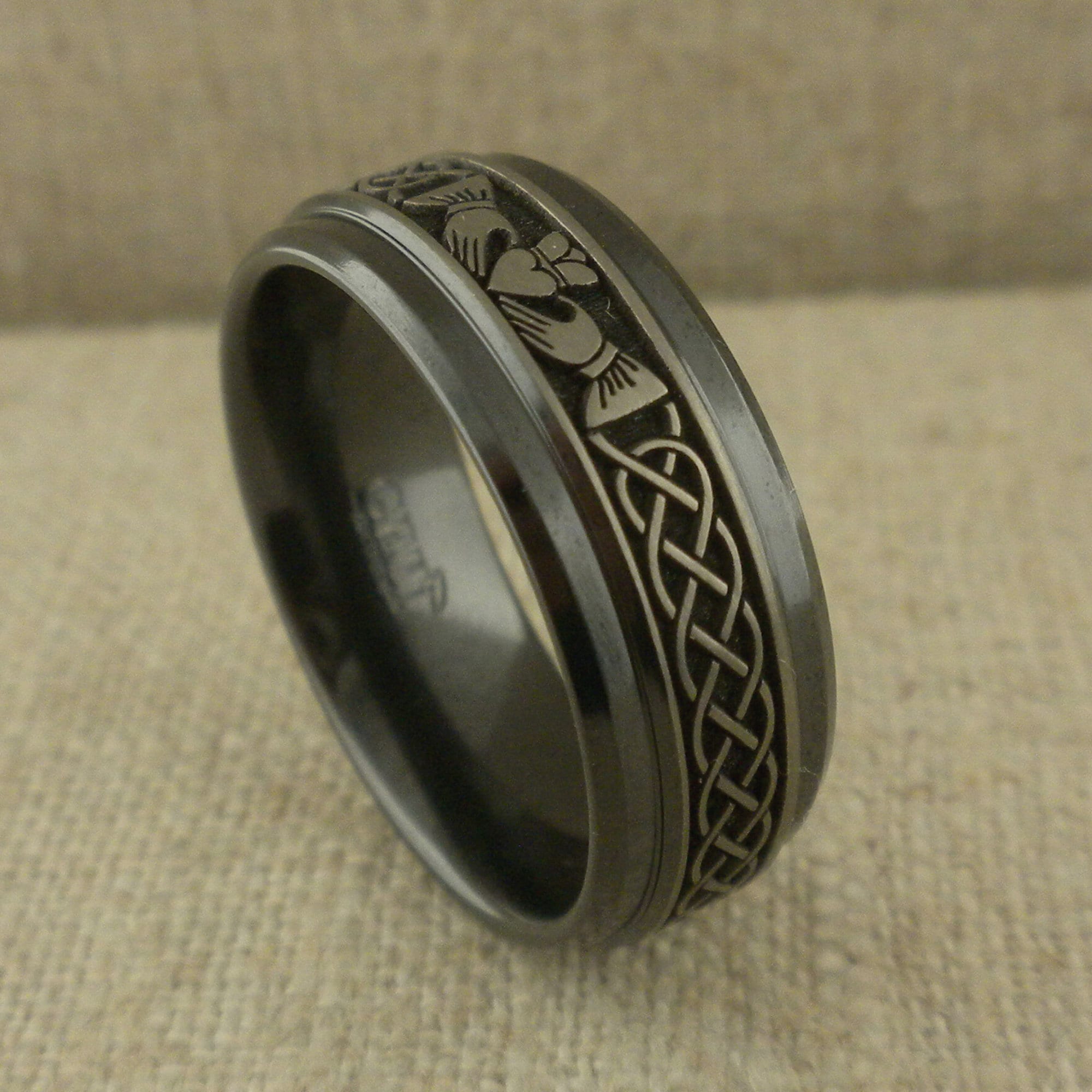 Claddagh and Celtic Knot Wedding Ring in Black Zirconium Made - Etsy