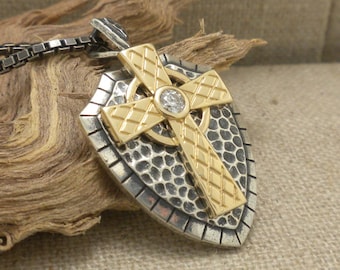 Sterling Silver Celtic Cross Shield Pendant: 10K Gold Detail, CZ, Irish Made