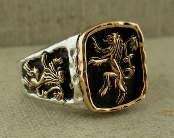 Bronze and Sterling Silver Celtic Scottish Lion Rampant Signet Ring, PETRICHOR by Keith Jack, Celitc on the Inside Boxed with Cleaning Cloth