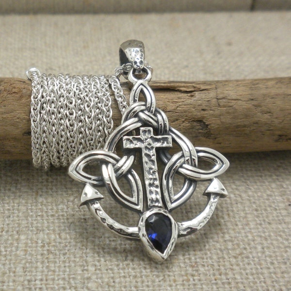 Sterling Silver Anchor, Trinity Knots & Cross with Iolite Rocks N' Rivers Pendant 18" Spiga Chained Keith Jack Jewelry Signed Gift Boxed