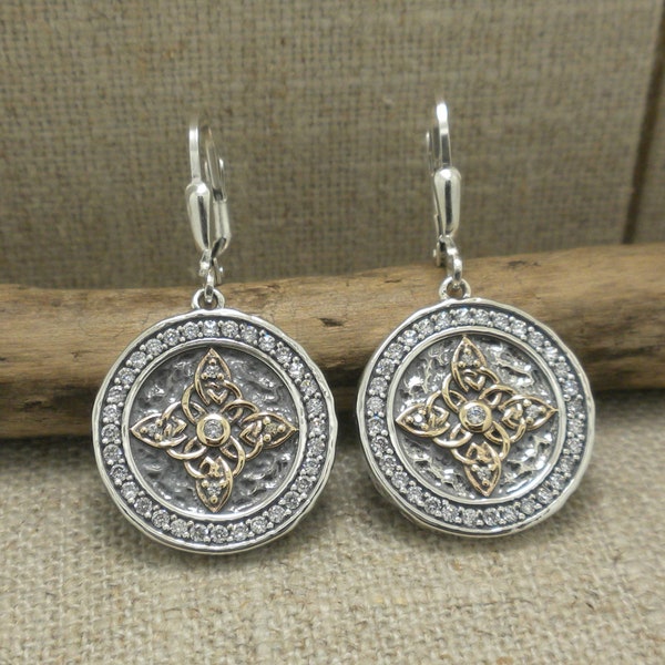 Sterling Silver and 10K Celestial Medallion Earrings with CZs by Keith Jack Jewelry Signed Gift Boxed