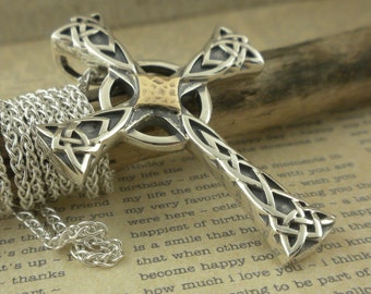 Sterling Silver & 10K Celtic Cross Pendant with Hammered Center Keith Jack Celtic Cross Necklace Sterling Silver 18&quot; Spiga Chain Gift Boxed