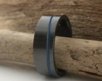 Black Zirconium Thin Blue Line Wedding Ring, Micro Machine Finish (Size 7.5)