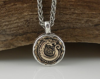 Petite Celtic Dragon Spirit Pendant, 925 Sterling Silver & Bronze, PETRICHOR by Keith Jack,  Necklace 22&quot; Spiga Chain Gift Boxed Clean Cloth